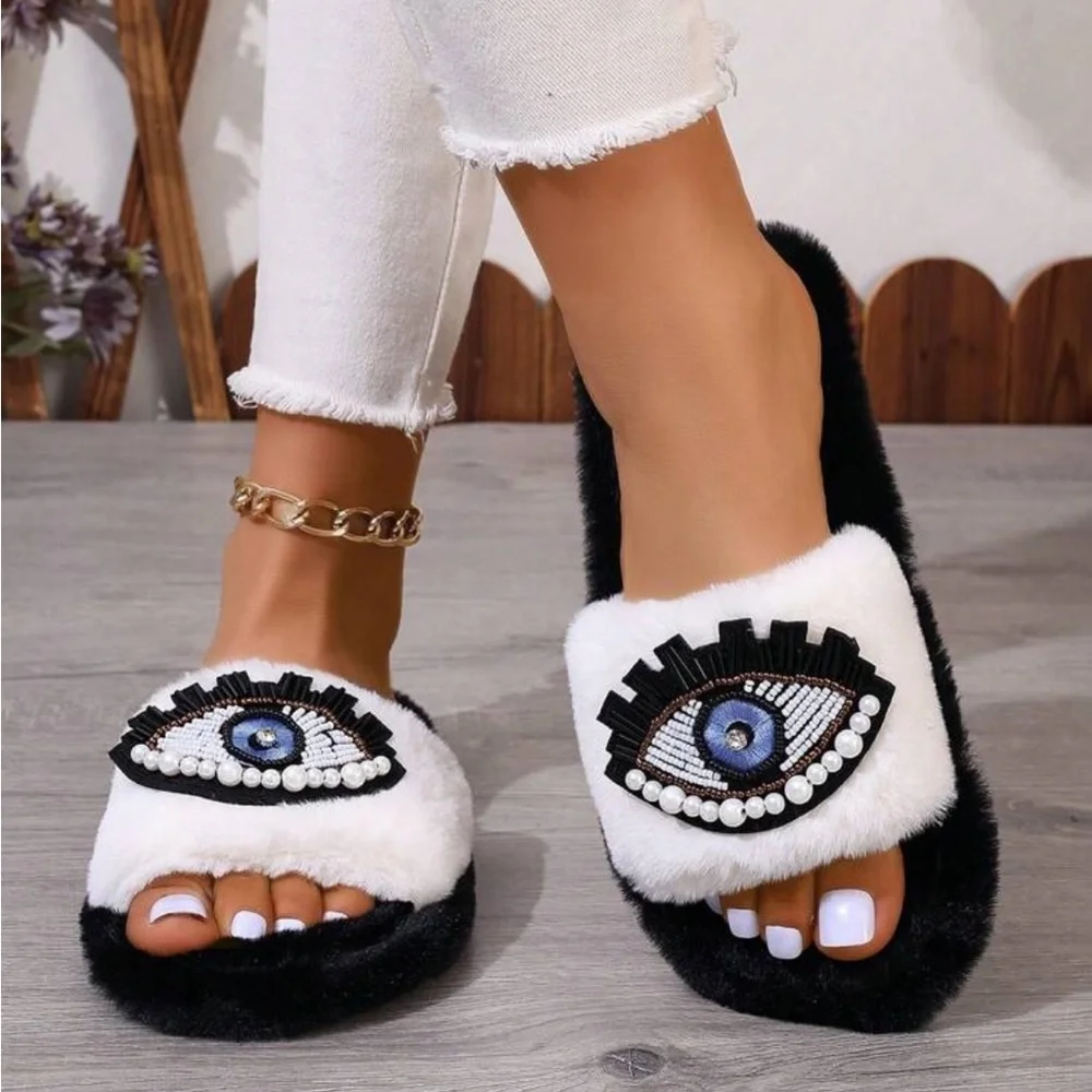 Bejeweled Evil Eye Slippers, Evil Eye Fuzzy Slippers - Picture 3 of 10